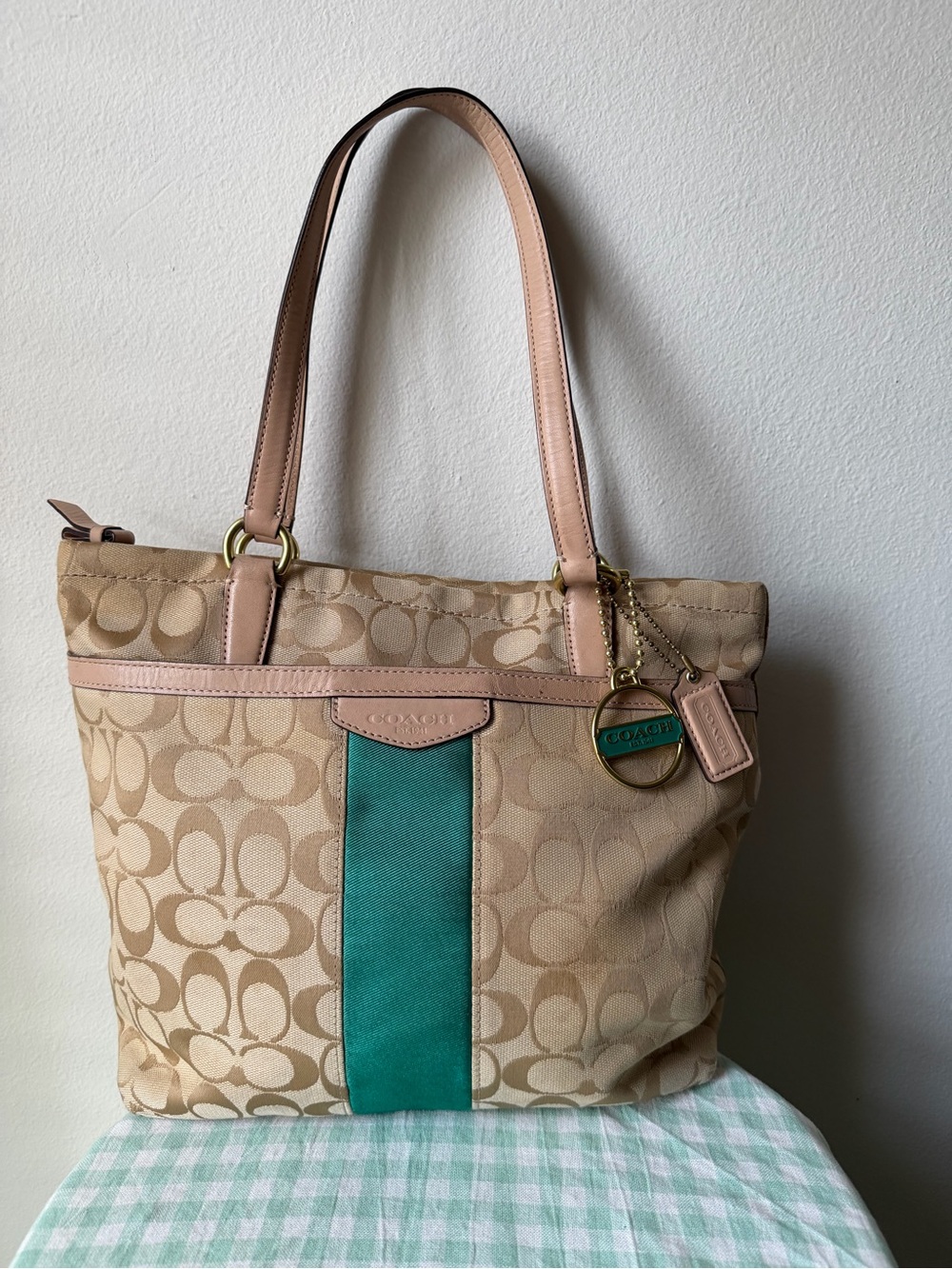 Coach Emerald Heritage Stripe Beige Canvas and Leather Tote Bag F28504